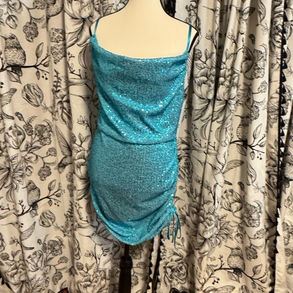 Sparkling Teal Sequin Mini Dress - Picture 2 of 6